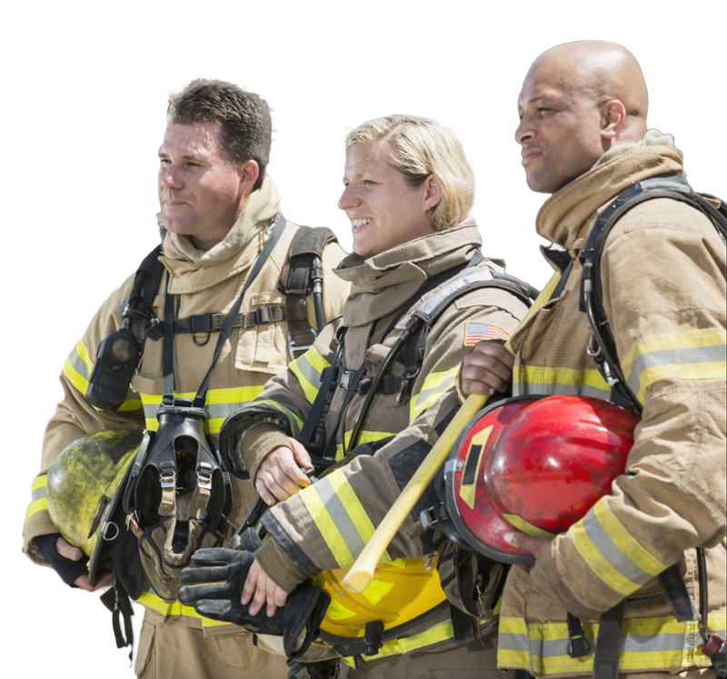 team of 3 firefighters standing with helmets in hand